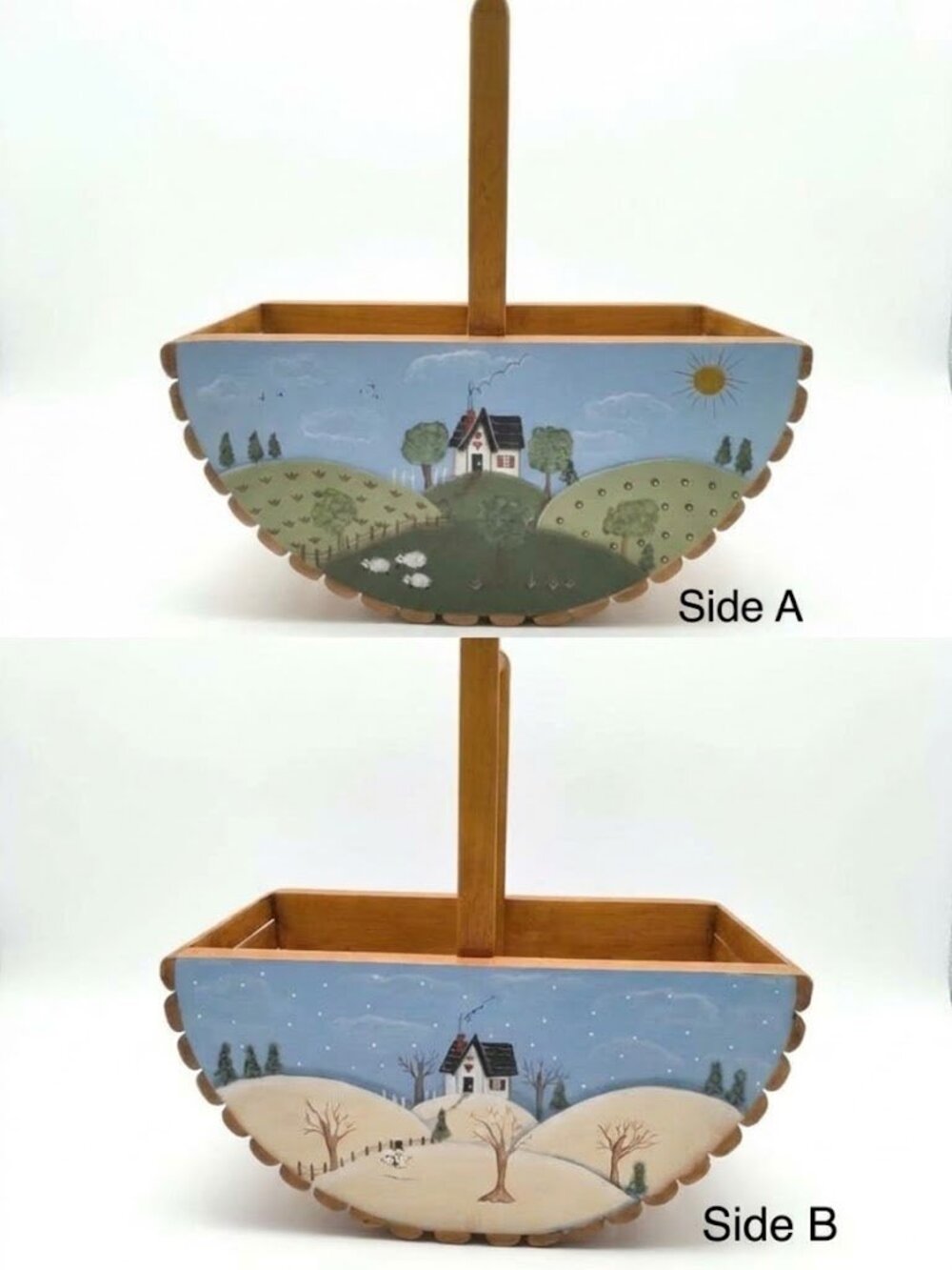Vintage Reversible Hand Painted Slat Wood Basket - Summer & Winter Landscape